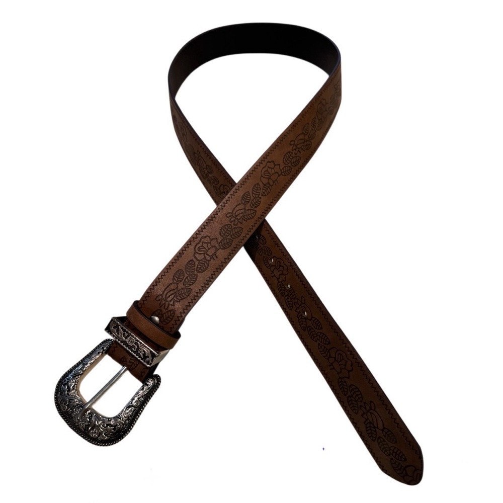 Tan Faux Leather Western Belt Silver Buckle - Picture 4 of 10